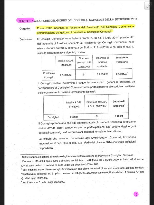 Primo punto: gettone presenza consiglieri e indennità presidente consiglio comunale #opendalmine http://t.co/930kq1nxTG